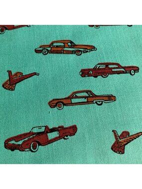 Retro Car Print Cotton Fabric 1/2 yard x 44" Green & Red Vintage Quilting